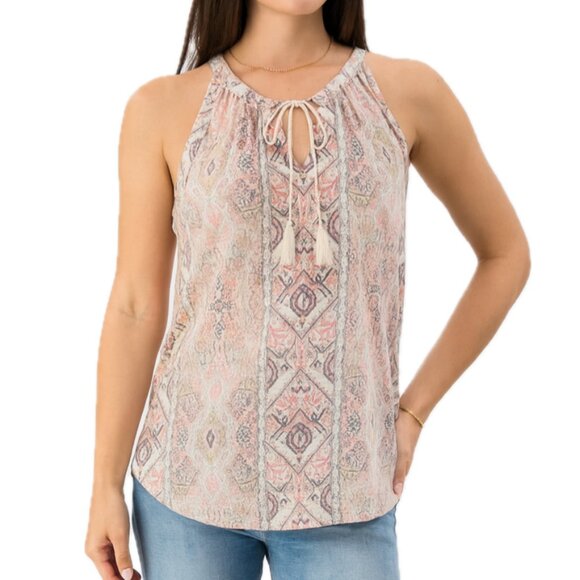 Rachel Zoe Tops - Rachel Zoe | 100% Linen Tassel Tank Top Pink & Beige Motif | Size Medium